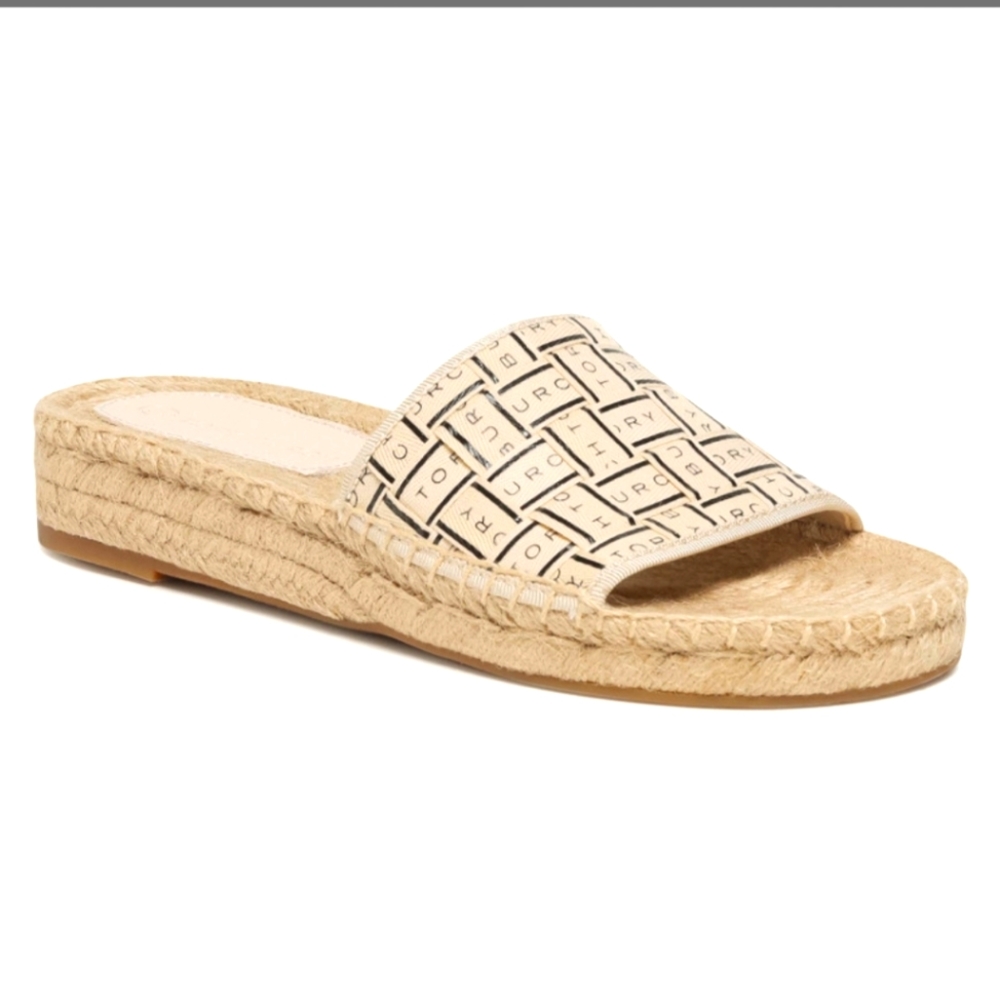 NIB Tory Burch Espadrille Ribbon Herringbone Slide CREAM US 7